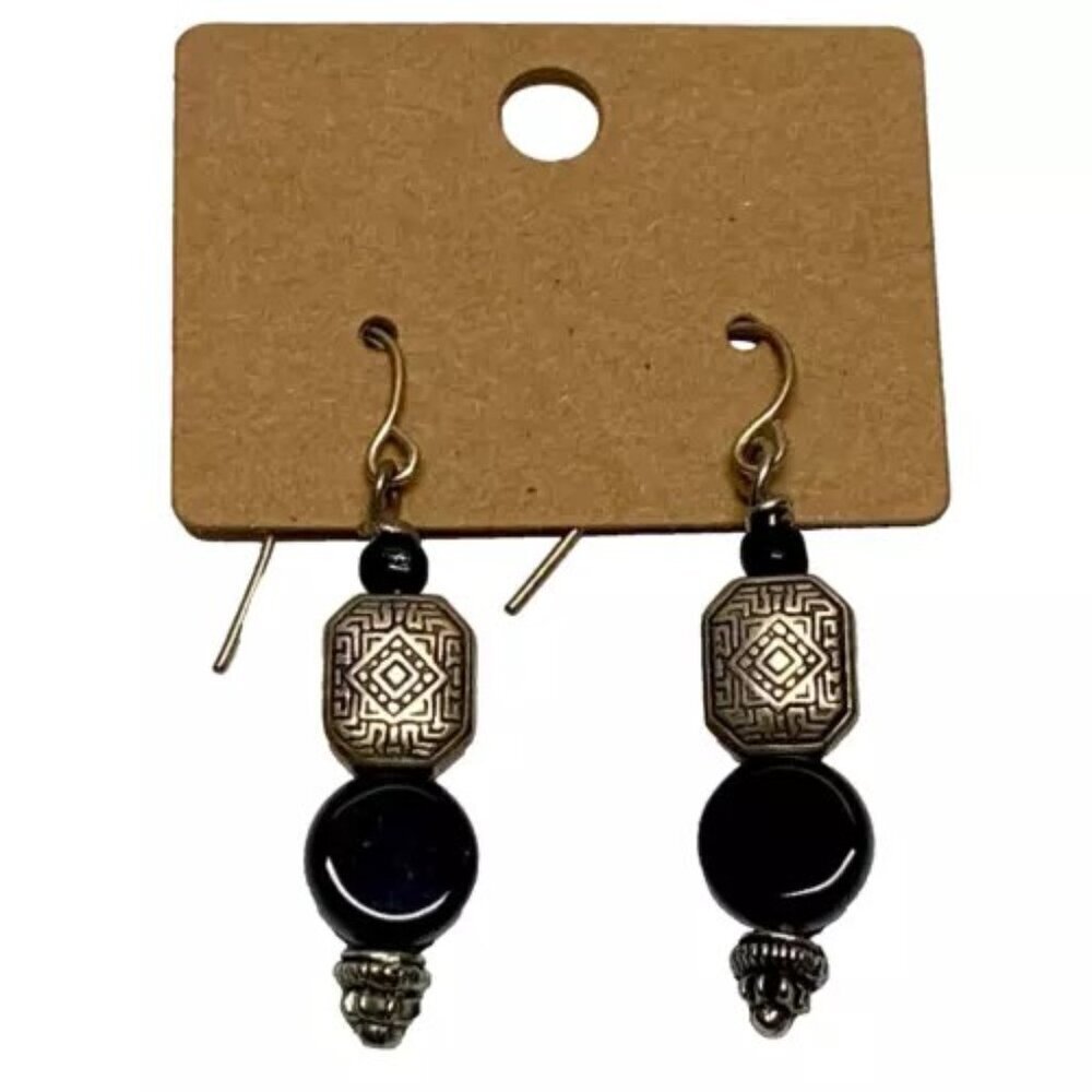 Onyx Dangle Earrings Silvertone Lucky Lantern Beaded Elegant 2 Inch Drop Fashion